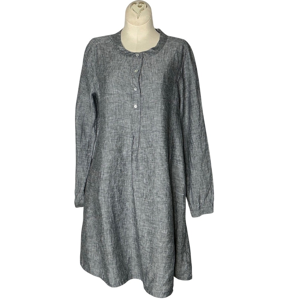 Tahari‎ Gray Linen Dress Minimalist Button Front Long Sleeve Shift Small